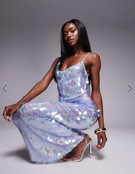 ASOS DESIGN iridescent sequin asymmetric cowl neck midi dress in light blue