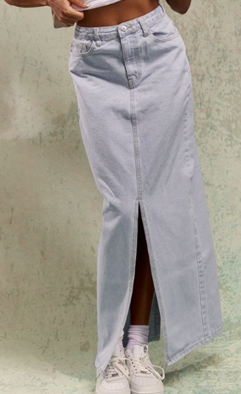 Light Blue Wash Statement Slit Denim Maxi Skirt