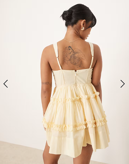 Lace & Beads Petite cotton corset ruffle mini dress in lemon
