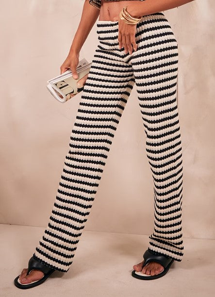 Black Stripe Textured Rib Flared Trousers