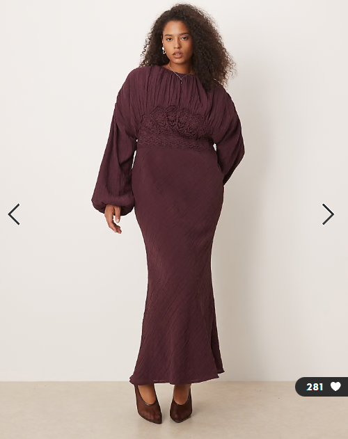 ASOS DESIGN Curve crew neck maxi dress with volume sleeve and lace bust detail in mulberry