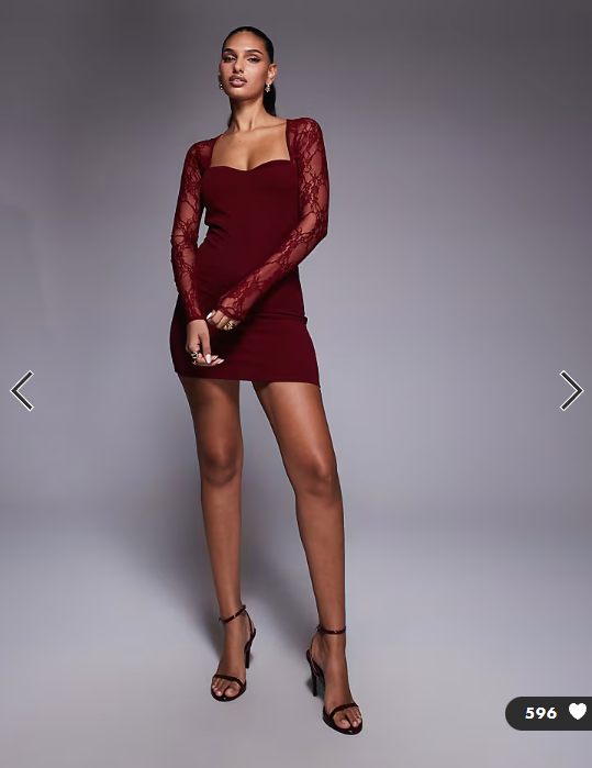 ASOS DESIGN mini dress with cutaway lace long sleeves in burgundy