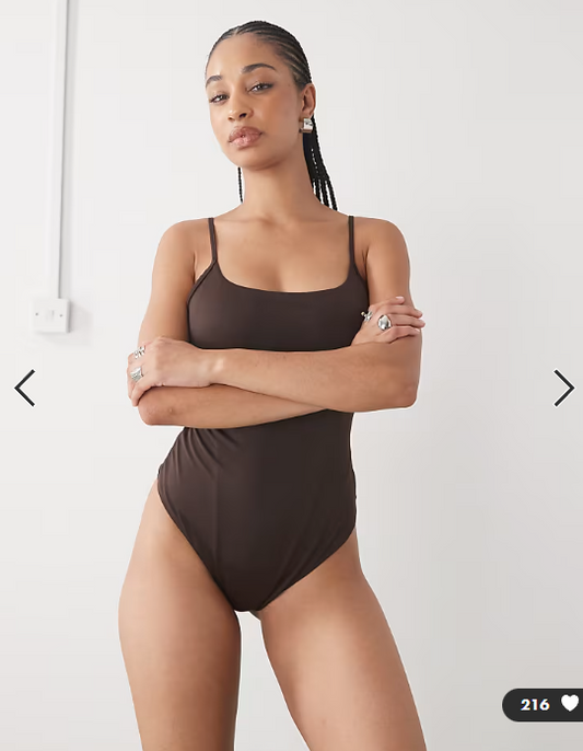 Monki scoop neck high leg swimsuit in dark chocolate brown