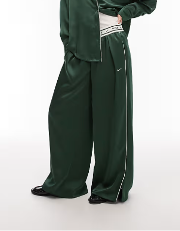 Nike satin wide leg trousers with waistband detail in dark green
