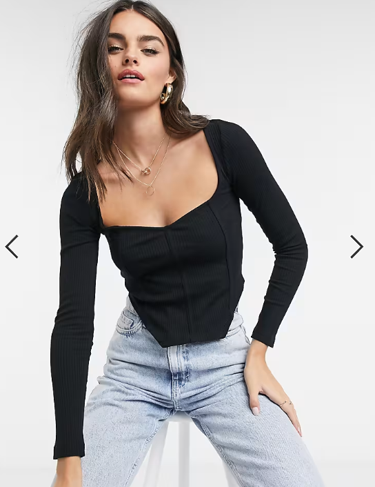 ASOS DESIGN rib fitted corset top with ultra wide neck in black