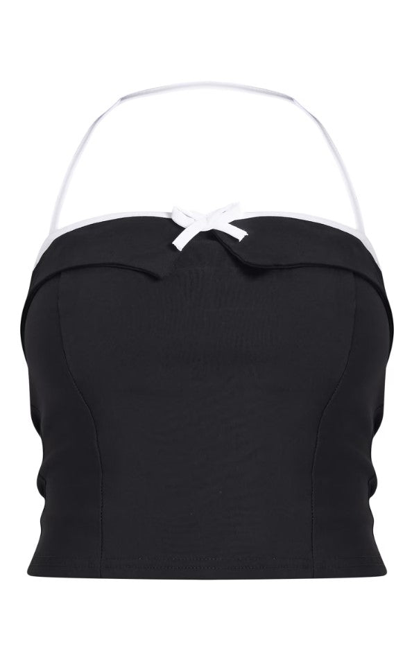 Black Stretch Woven Halterneck Contrast Binding Long Top