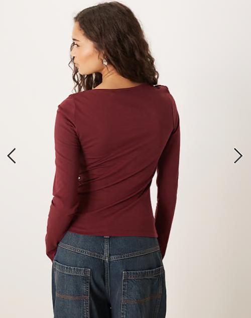 ASOS DESIGN Circular Design Collection twist neck detail long sleeve tee in burgundy