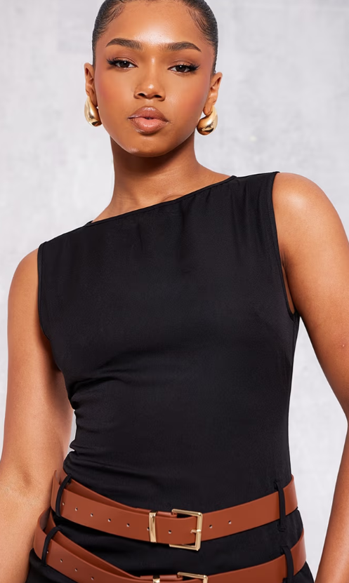Plt - Black Racer Neck Double Belt Skort Playsuit