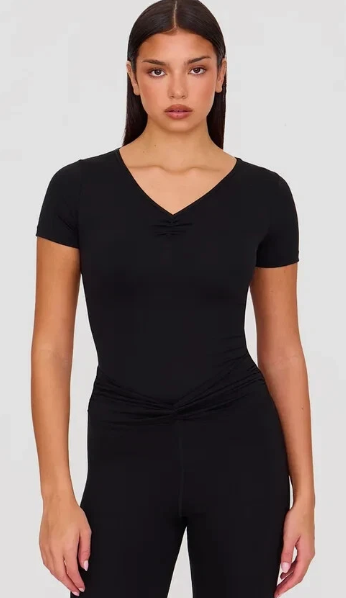 PrettyLittleThing Black Sculpt Gathered Short Sleeve Bodysuit