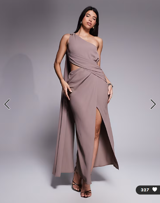 ASOS DESIGN asymmetric one shoulder crepe maxi dress with gold trim detail in mocha