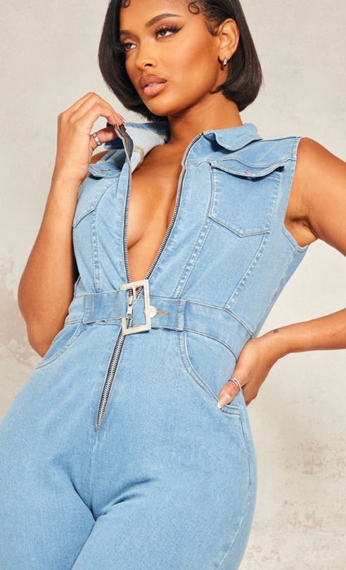 Shape Light Blue Wash Belted Detail Stretch Denim Jumpsuit