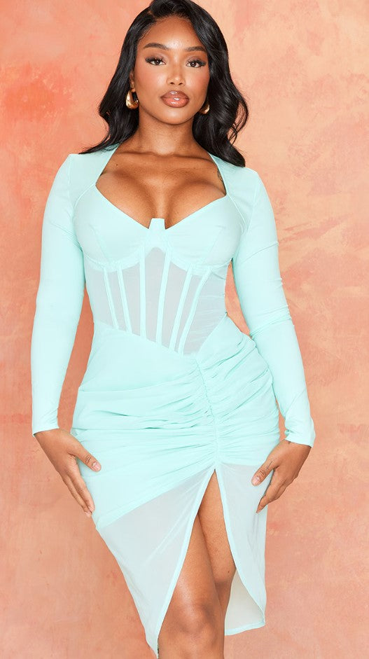 Shape Mint Green Corset Detail Long Sleeve Ruched Midi Dress