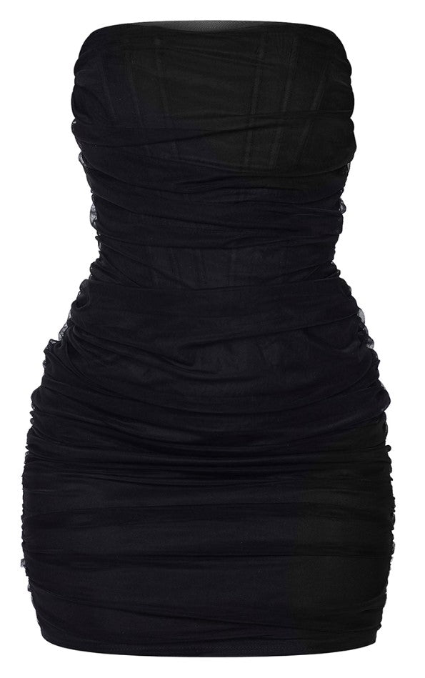 Shape Black Mesh Corset Detail Ruched Bodycon Dress