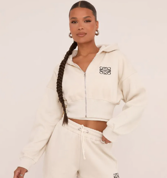 Swirl Graphic Detail Cropped Hoodie In Stone