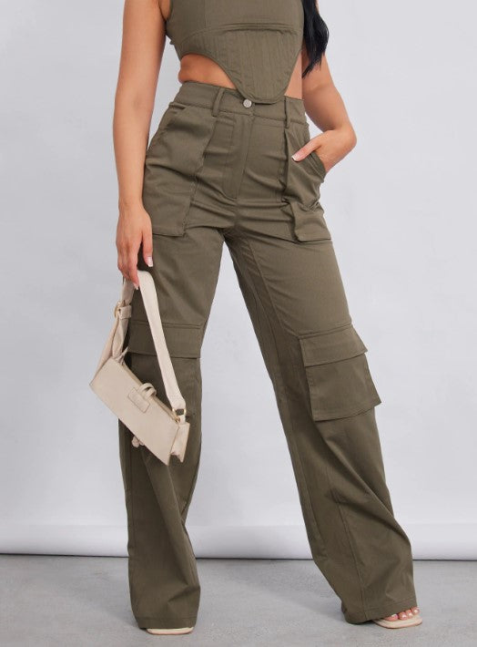 Khaki Twill Pocket Detail High Waist Cargo Trousers