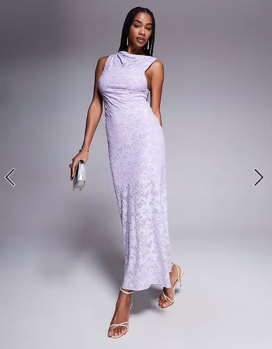 ASOS DESIGN twisted shoulder devore maxi dress in lilac