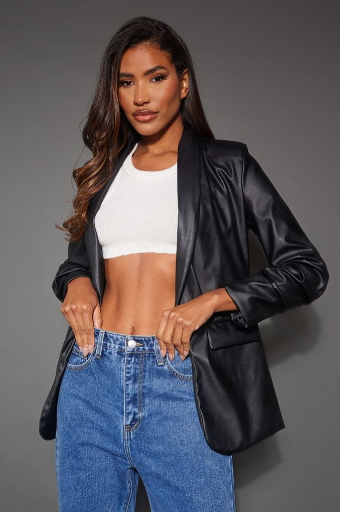 Black Faux Leather Ruched Sleeve Single Breasted Blazer