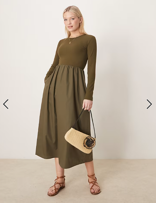 Threadbare long sleeve midi dress in khaki with poplin skirt