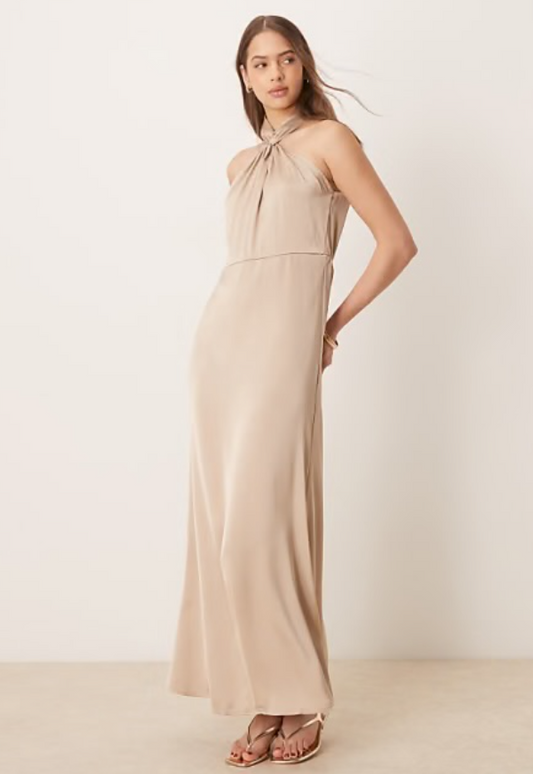 Vila satin twist halterneck midi dress in beige