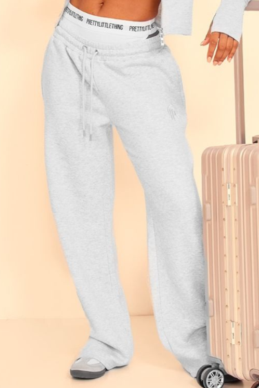 Grey Marl Embroidered Graphic Wide Leg Joggers