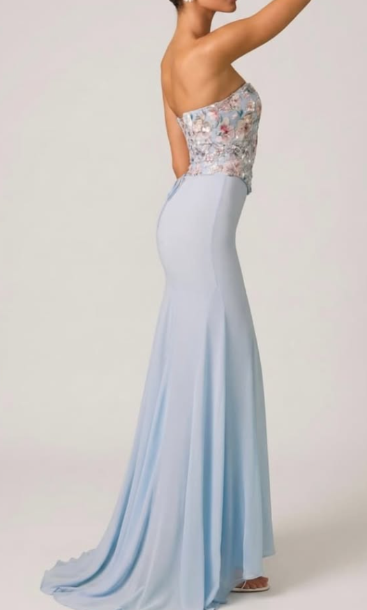 OhPolly-Embellished Corset Fishtail Gown in Floral Blue
