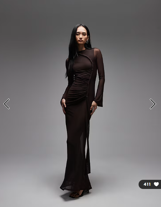 ASOS DESIGN mesh long sleeve maxi dress with twist detail in brown