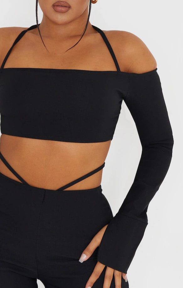 Black Stretch Woven Halterneck Bardot Crop Top