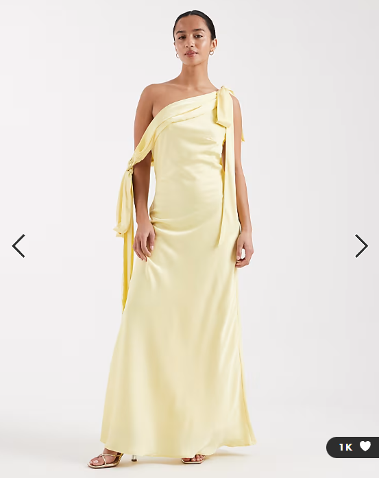 TFNC Petite Bridesmaids fallen shoulder satin maxi dress in yellow