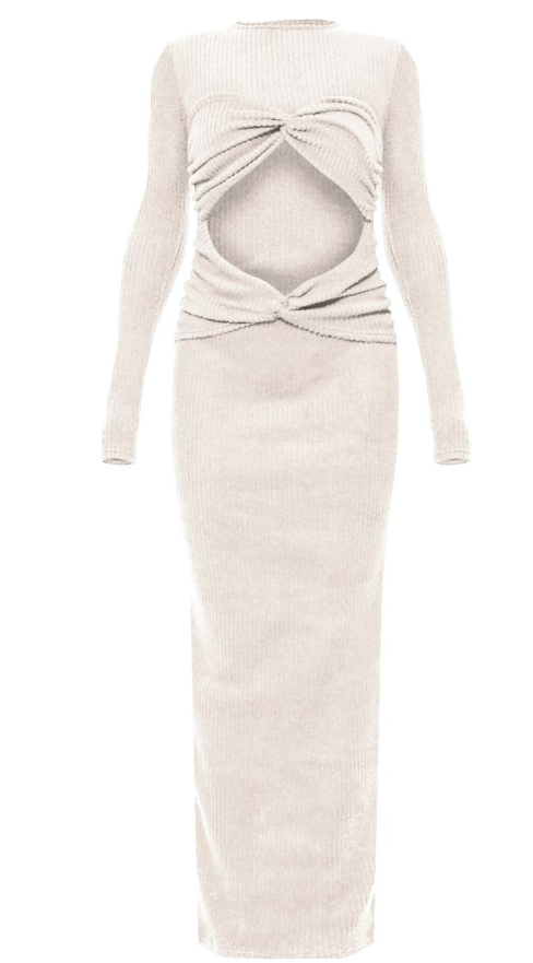 Cream Brushed Rib Cut Out Detail Maxi Dress