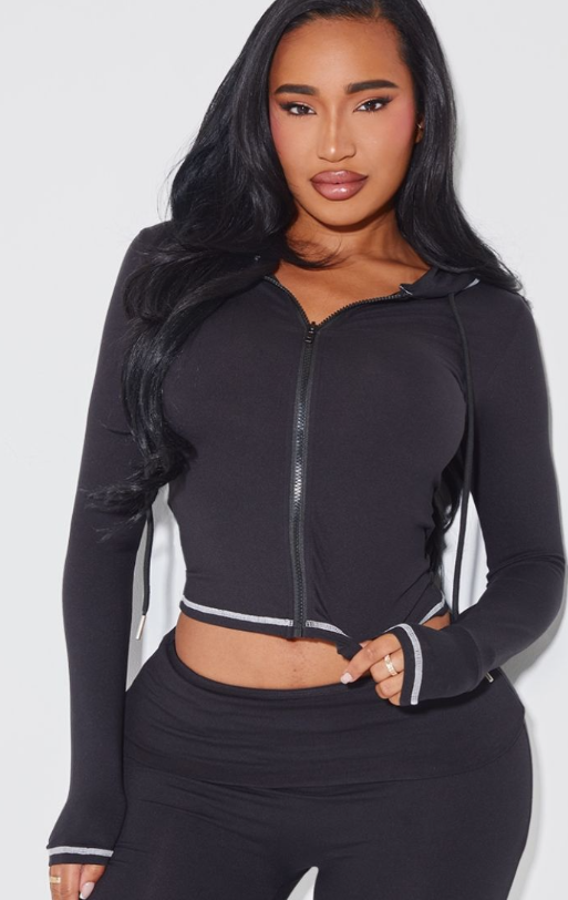 Plt - Shape Black Sculpted Contrast Stitch Zip Through Hoodie