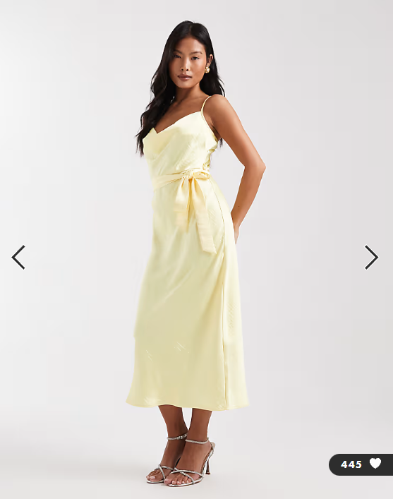 TFNC Petite Bridesmaid satin cami tie waist midaxi dress in butter yellow