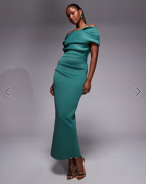 ASOS DESIGN ruched bardot midi dress in teal scuba-style fabric