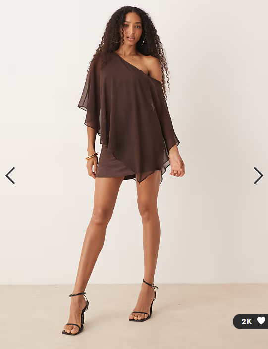 ASOS DESIGN satin chiffon mix drape one shoulder mini dress in chocolate