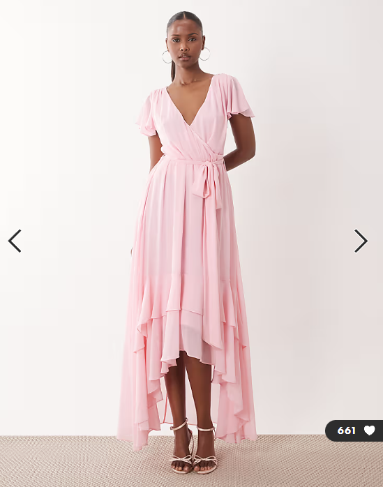 TFNC Bridesmaid chiffon v neck tie detail asymmetric hem maxi dress in baby pink