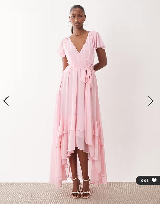 TFNC Bridesmaid chiffon v neck tie detail asymmetric hem maxi dress in baby pink