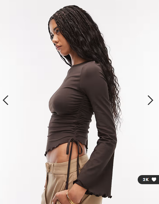 ASOS DESIGN drawstring detail top with flute sleeve in chocolate