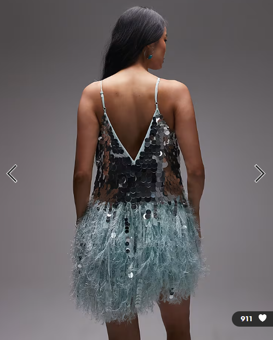 ASOS ARCHIVE paillette sequin mini dress with faux feather hem in blue