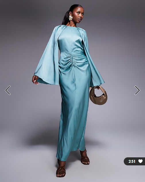 ASOS DESIGN satin long sleeve maxi dress with central ruched skirt in pale blue