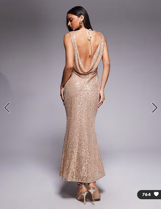 TFNC cowl neck maxi dress with open back in gold sequin