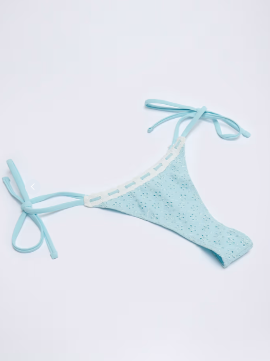 OhPolly - Broderie Anglaise Side-Tie Thong Bikini Bottoms in Powder Blue