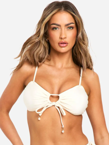 boohoo Pearl Trim Tie Front Bandeau Bikini Top