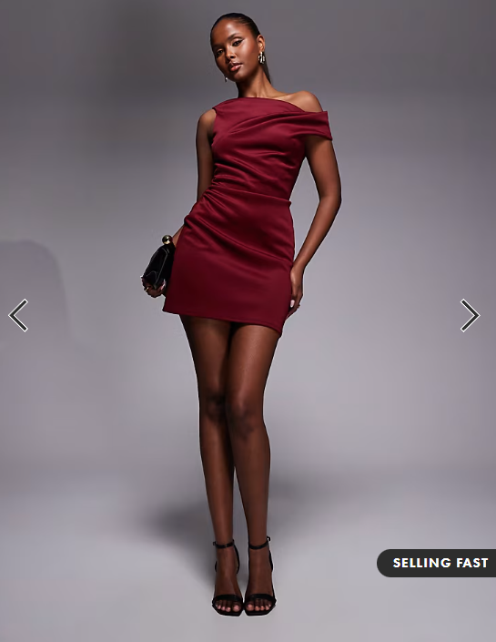 ASOS DESIGN off shoulder sculpted mini dress in burgundy scuba-style fabric