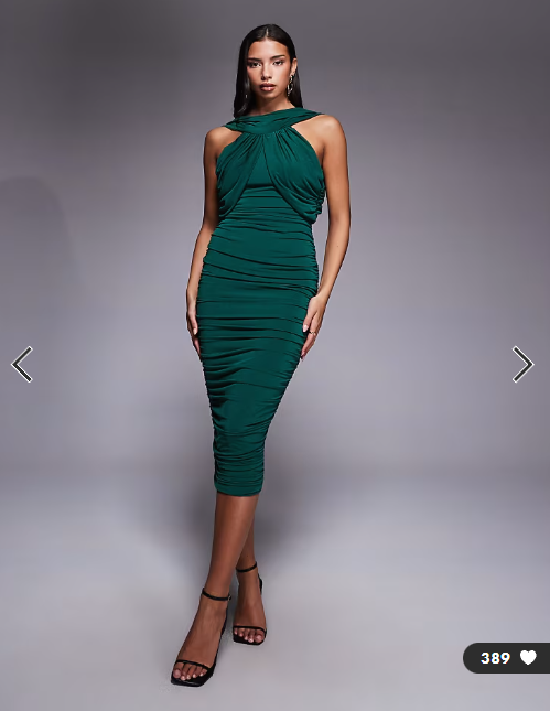 TFNC slinky high neck ruched detail open back midi dress in emerald