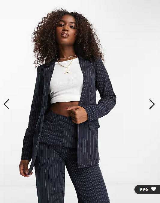 Pieces tailored blazer co-ord in navy pinstripe