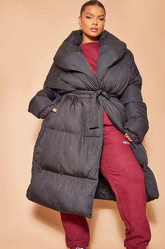 Plus Black Oversized Collar Belted Longline Puffer