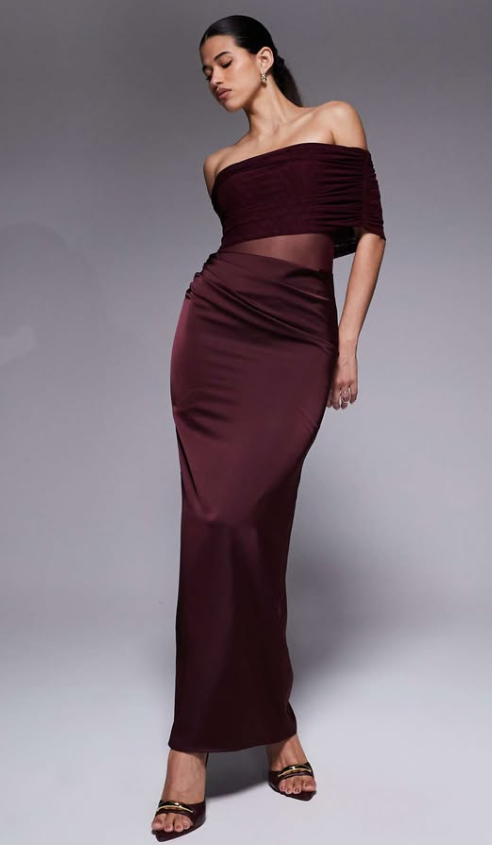 Aria Cove - bardot sheer panel drape detail fishtail satin maxi dress in burgundy