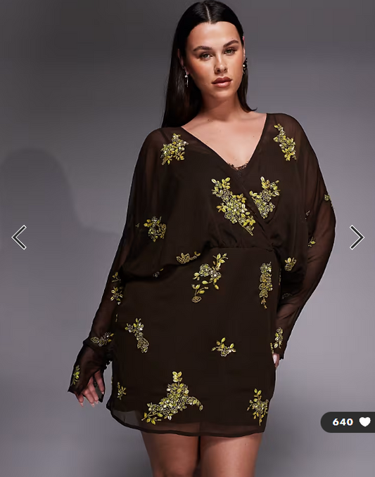 ASOS DESIGN Curve batwing embellished slouchy hip mini dress with lace cami in chocolate and lime