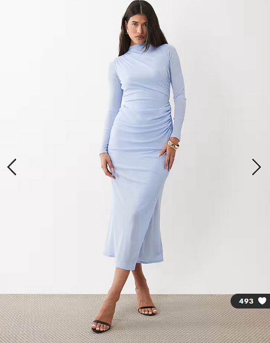 ASOS DESIGN ruched mesh high neck long sleeve midi dress in light blue
