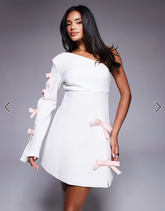 ASOS LUXE one shoulder mini dress with pink bows in white