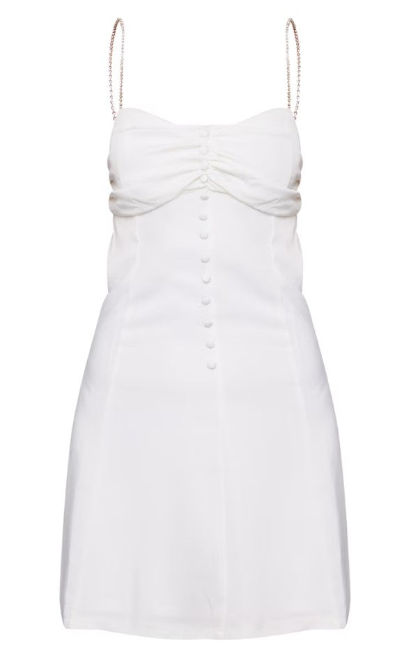 White Satin Diamante Strap Button Detail Bodycon Dress